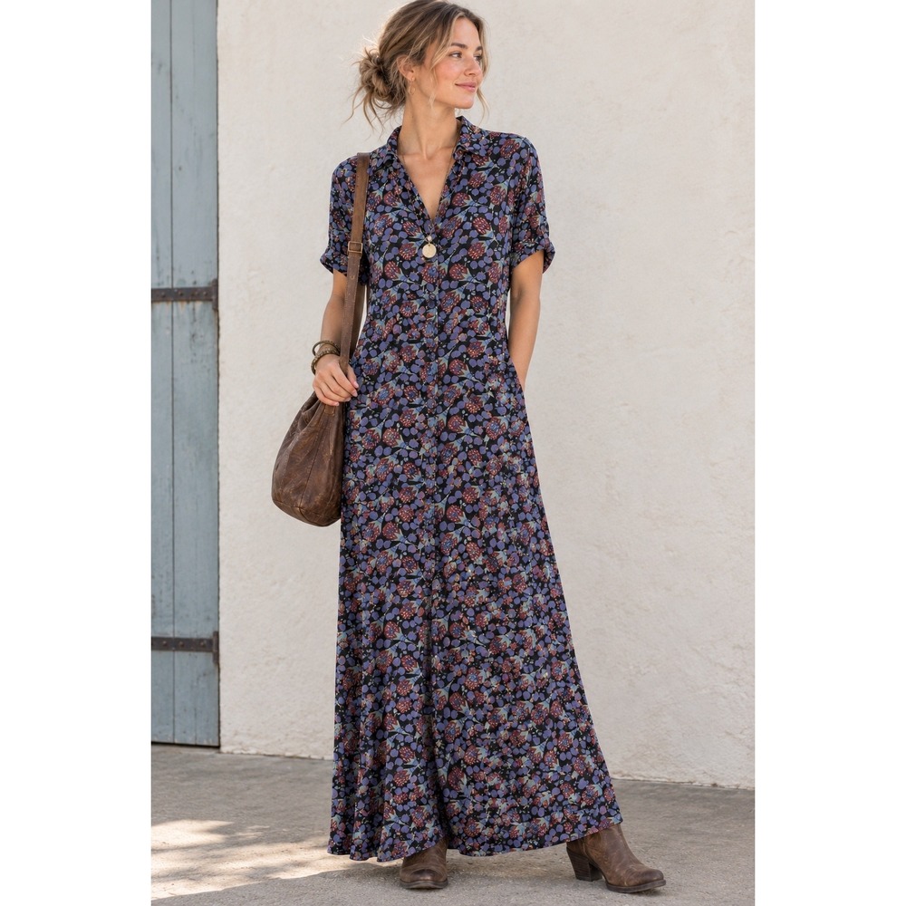 Flax Purple Flora Maxi Dress L Button Front Pockets 90s Botanical Art Vintage